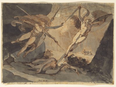 Satan schrikt van de aanraking van Ithuriels speer door Johann Heinrich Füssli