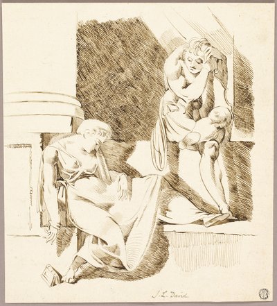 Zittende troubadour kijkt naar slapende vrouw op richel door Johann Heinrich Füssli