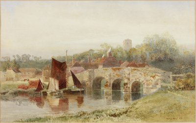 Dorp met brug door Henry George Hine