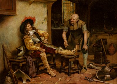 Een prachtige pasvorm, een man die wordt uitgerust met harnas door Henry Gillard (after) Glindoni