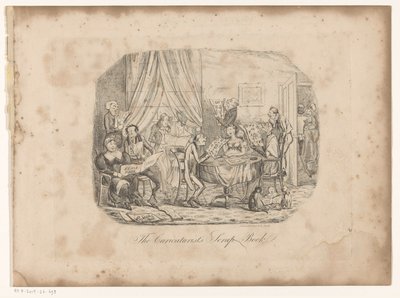 Interieur met mensen die bladen uit The Caricaturist