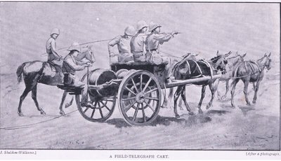 Een veldtelegraafkar, uit Na Pretoria: De Guerrillaoorlog gepubliceerd door Harmsworth Bros Limited, 1901 door Henry Inglis Jodrel Sheldon Williams