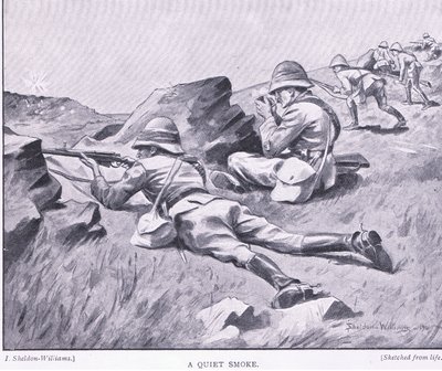 Een rustige rook, uit Na Pretoria: De Guerilla Oorlog uitgegeven door Harmsworth Bros Limited door Henry Inglis Jodrel Sheldon Williams