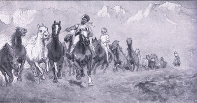 Indiase koelies brengen remounts naar Stellenbosch, uit After Pretoria: The Guerilla War gepubliceerd door Harmsworth Bros Limited, 1901 door Henry Inglis Jodrel Sheldon Williams