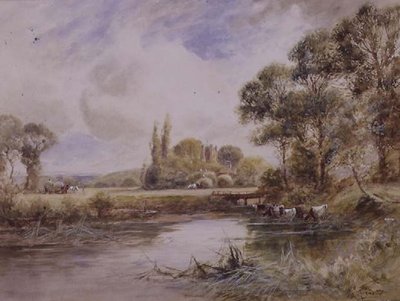 Landschap met weiden en drinkend vee door Henry John Kinnaird