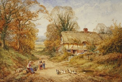 Kinderen die Eenden Voeren naast een Huisje in een Bosrijke Laan door Henry John Sylvester Stannard