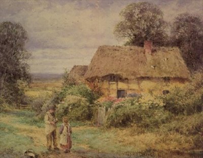 Rietgedekte cottage in de zomer door Henry John Sylvester Stannard
