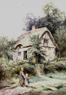 Twee Meisjes en een Katje bij een Rieten Cottage door Henry John Sylvester Stannard