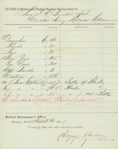 Factuur van medische en ziekenhuisvoorraden, ondertekend door Henry Johnson, 30 augustus 1864 door Henry Johnson