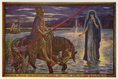 Arthur ontmoet de Dame van het Meer en krijgt het Zwaard Excalibur door Henry Justice Ford