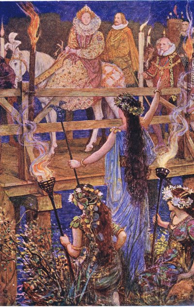 Elizabeth wordt verwelkomd door de dame van het drijvende eiland, illustratie uit Kenilworth, ca. 1910 door Henry Justice Ford