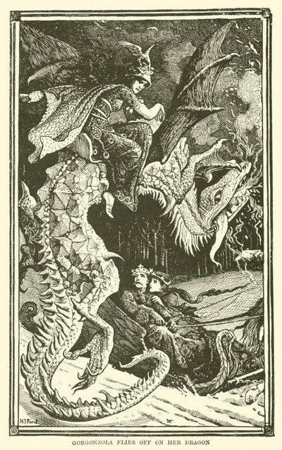 Gorgonzola vliegt weg op haar draak (gravure) door Henry Justice Ford