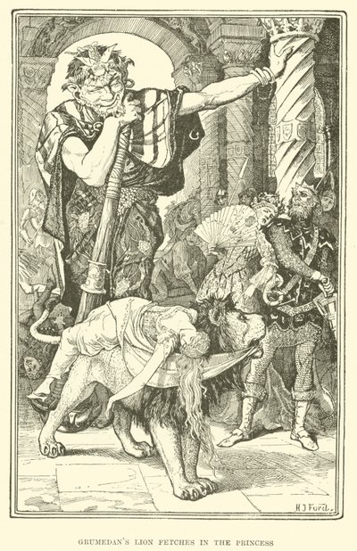 Grumedans leeuw haalt de prinses op (gravure) door Henry Justice Ford