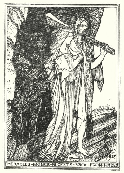 Heracles brengt Alcestis terug uit de Hades door Henry Justice Ford