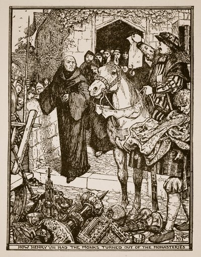 Hoe Hendrik VIII de monniken uit de kloosters zette, illustratie uit 