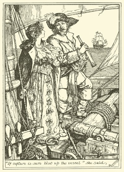 "Als gevangenneming zeker is, blaas het schip op" zei ze (gravure) door Henry Justice Ford