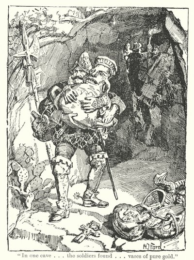 "In een grot. Vonden de soldaten. Vazen van puur goud" (litho) door Henry Justice Ford
