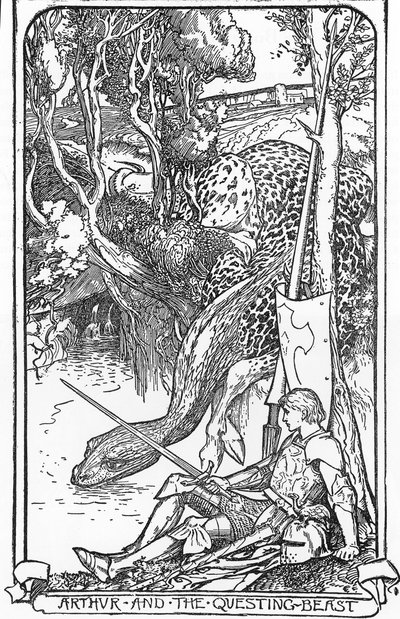 Koning Arthur en het Zoekende Beest Illustratie door HJ Ford (1860-1940) uit “Het boek der romantiek” 1902 Privécollectie door Henry Justice Ford