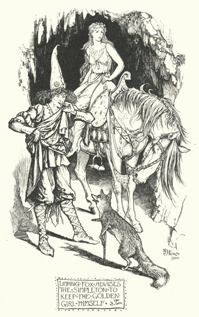 Kreupel-Vos Adviseert de Simpel om het Gouden Meisje Zelf te Houden (gravure) door Henry Justice Ford