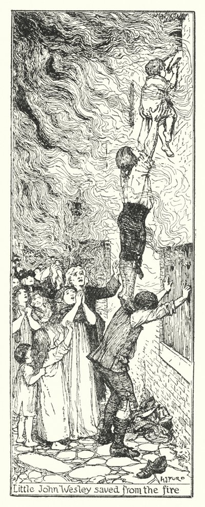 Kleine John Wesley gered van de brand (litho) door Henry Justice Ford