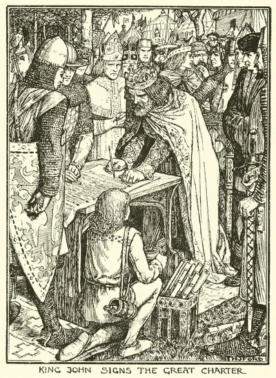 Magna Carta. Koning Jan ondertekent de Grote Oorkonde (gravure) door Henry Justice Ford