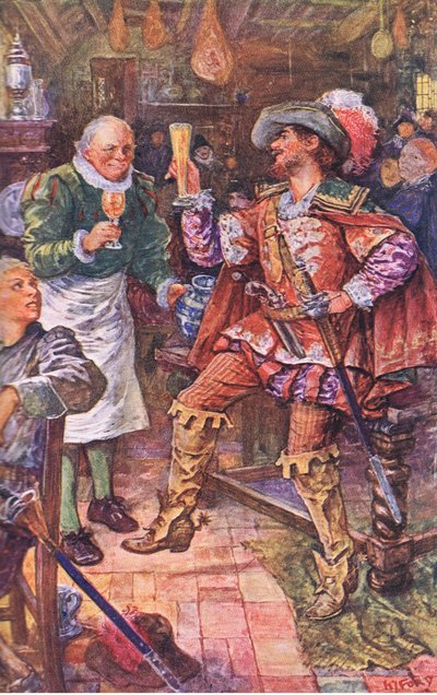 Michael Lambourne drinkt met de herbergier van de Zwarte Beer, illustratie uit Kenilworth, ca. 1910 door Henry Justice Ford
