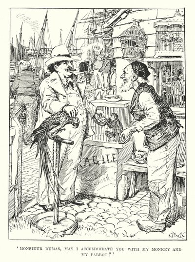 Monsieur Dumas, mag ik u mijn aap en mijn papegaai aanbieden? (gravure) door Henry Justice Ford