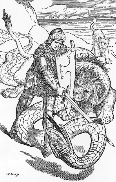 Percival vecht tegen de slang Illustratie door HJ Ford (1860-1940) uit “Het boek der romantiek” 1902 Privécollectie door Henry Justice Ford