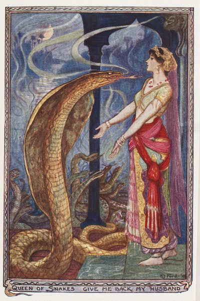 Koningin van de slangen, geef me mijn man terug, illustratie uit The Olive Fairy Book, door Andrew Laing door Henry Justice Ford