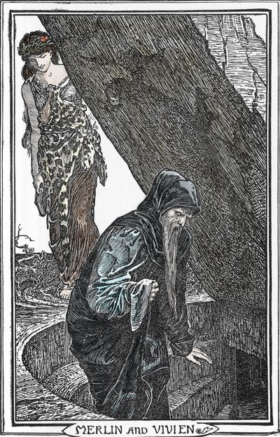 Voorstelling van Merlijn de Tovenaar en Fee Viviane (Merlin en Vivien) Illustratie door Henry Justice (HJ) Ford (1860-1941) uit “Het boek der romantiek” 1902 Privécollectie door Henry Justice Ford