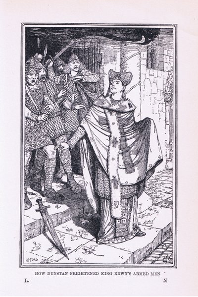 Sint Dunstan joeg de gewapende mannen van koning Edwy angst aan, 1912 door Henry Justice Ford