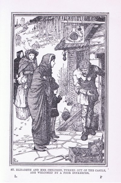 Sint Elizabeth en haar kinderen, uit het kasteel gezet en verwelkomd door de arme herbergier, 1912 door Henry Justice Ford