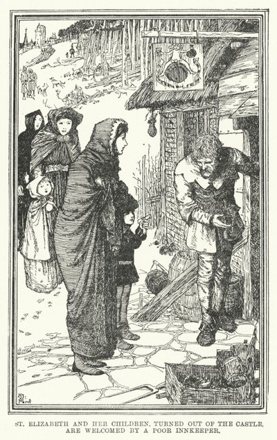St. Elizabeth en haar kinderen, uit het kasteel gezet, worden verwelkomd door een arme herbergier door Henry Justice Ford