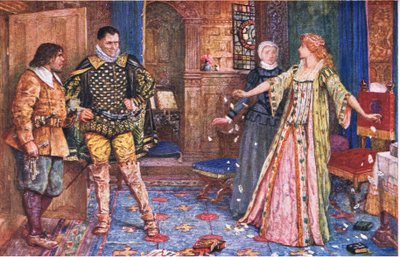 De gravin van Leicester scheurt de brief van haar man in het bijzijn van Varney en Foster, illustratie uit Kenilworth, ca. 1910 door Henry Justice Ford