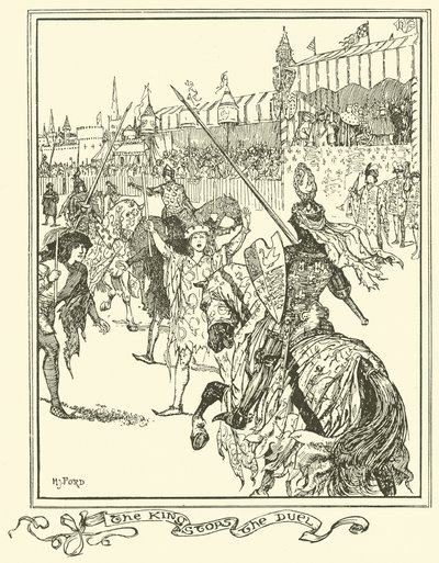De Koning Stopt het Duel (gravure). door Henry Justice Ford