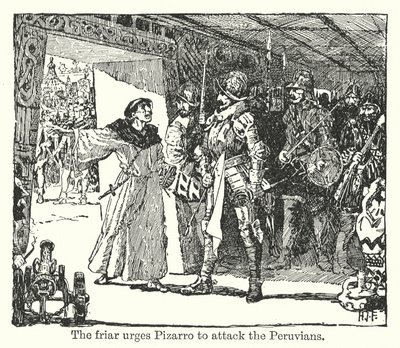 De broeder spoort Pizarro aan om de Peruanen aan te vallen (litho) door Henry Justice Ford