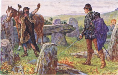 Tresilian confronteert de mysterieuze hoefsmid, illustratie uit Kenilworth, ca. 1910 door Henry Justice Ford