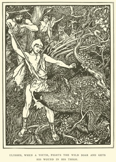 Ulysses, als een Jongeling, Vecht tegen het Wilde Zwijn en krijgt zijn Wond in zijn Dij door Henry Justice Ford