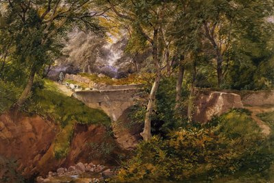 Boslandschap met schapen die een brug oversteken, 1868 door Henry Jutsum