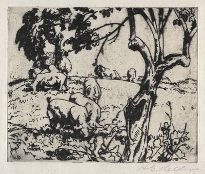 Varkens in boomgaard door Henry Keller