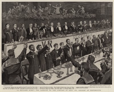 Een warm welkom, het banket voor de bemanning van H.M.S. St. George in Portsmouth door Henry Marriott Paget