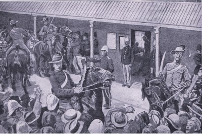 Koloniale versterkingen voor Zuid-Afrika: Een stormloop van aanmeldingen voor inschrijving in Sydney, uit After Pretoria: The Guerilla War gepubliceerd door Harmsworth Bros Limited, 1901 door Henry Marriott Paget