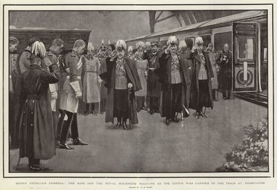 Begrafenis van koningin Victoria, de koning en de koninklijke rouwenden groeten terwijl de kist naar de trein in Paddington werd gedragen door Henry Marriott Paget