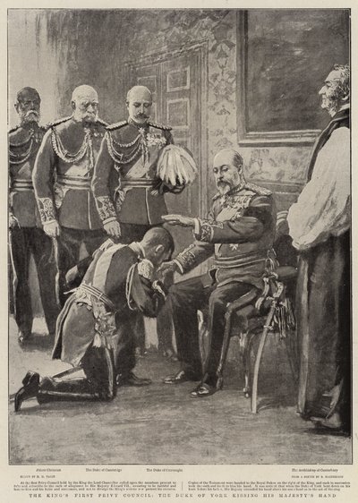 De Eerste Geheime Raad van de Koning, de Hertog van York kust de hand van Zijne Majesteit door Henry Marriott Paget
