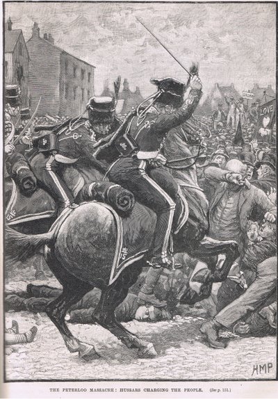 Het Peterloo Bloedbad met de Huzaren die de mensen aanvallen, illustratie uit Cassell