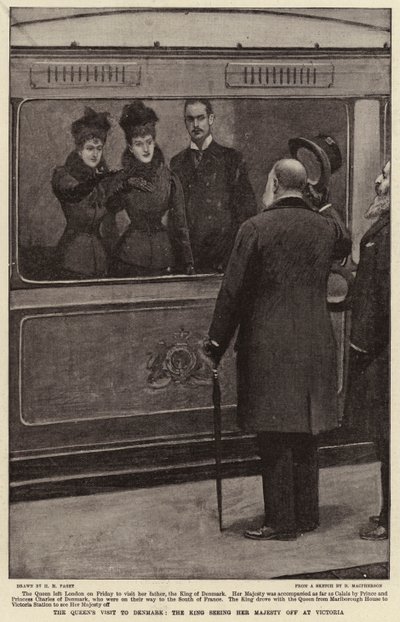 Het bezoek van de koningin aan Denemarken, de koning neemt afscheid van Hare Majesteit op Victoria door Henry Marriott Paget