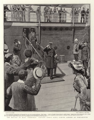 De Terugkeer van H.M.S. Terrible, Kapitein Percy Scott komt aan land in Portsmouth door Henry Marriott Paget