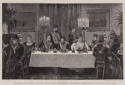 De Sultan van Turkije thuis, Abdul Hamid vermaakt de Britse ambassadeur tijdens het diner in Yildiz Kiosk door Henry Marriott Paget