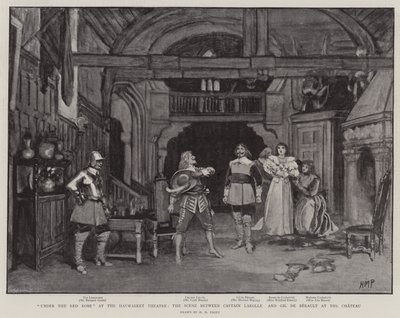 Onder de Rode Mantel in het Haymarket Theatre, de scène tussen Kapitein Larolle en Gil de Berault in het Kasteel door Henry Marriott Paget