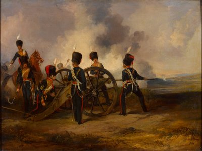 Een Koninklijk Paardenartillerie kanonploeg aan het laden, circa 1844 door Henry Martens